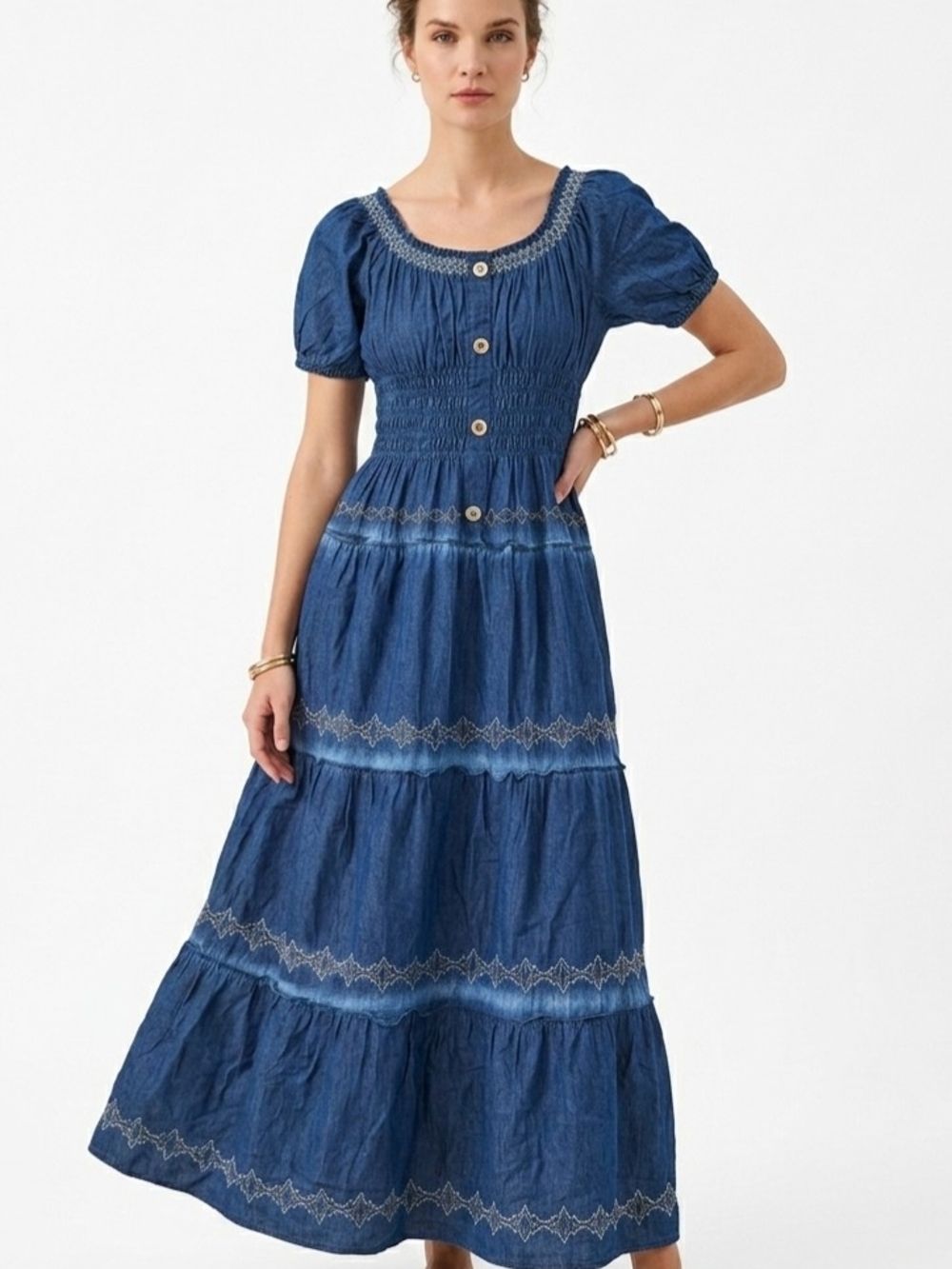 Women’s Blue Tiered Maxi Dress with Smocked Waist and Button Front M